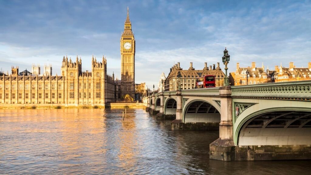 The Houses of Parliament and Westminster Bridge.