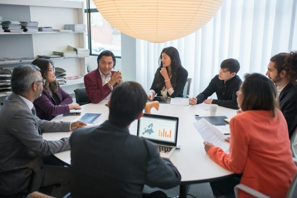 AI software strategy - AI-enhanced business office collaboration professional business image
