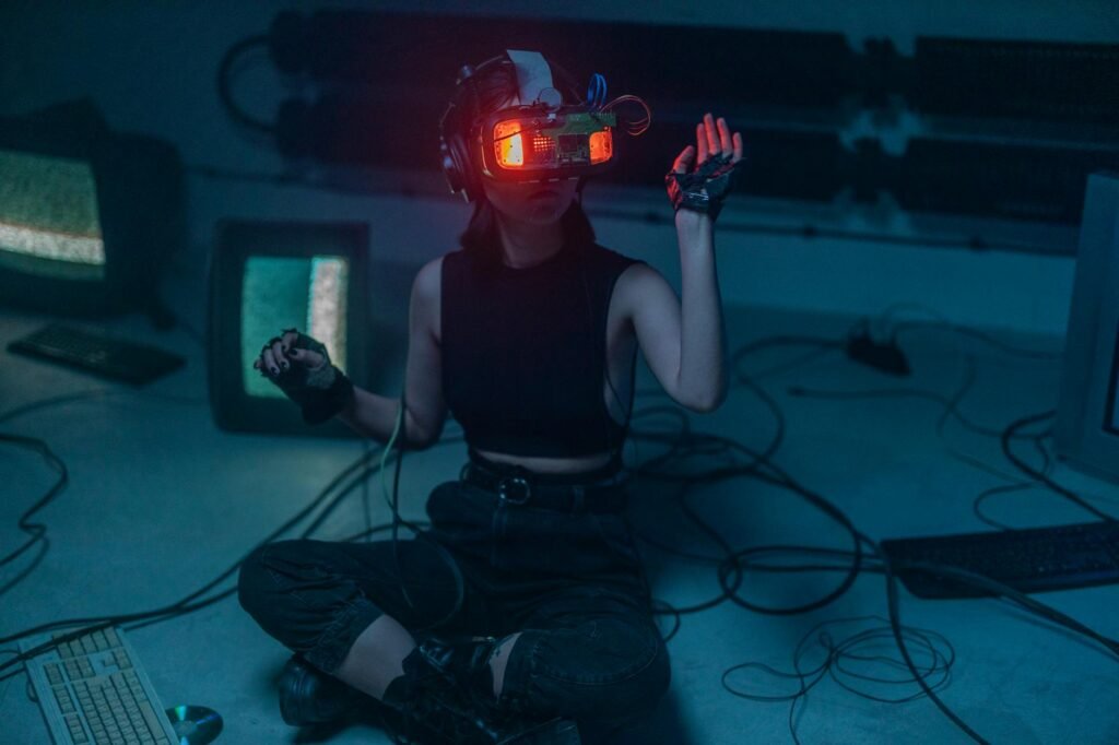 Doomsday AI - cyberpunk AI control room", professional business image