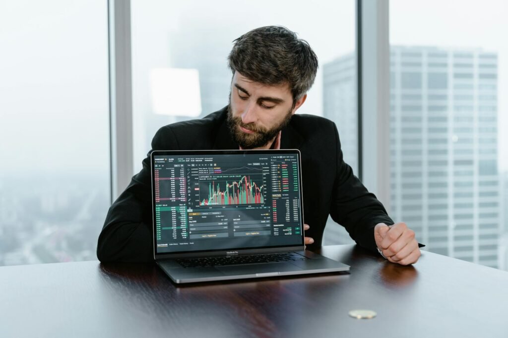 top financial stocks - photorealistic financial trading office professional business image