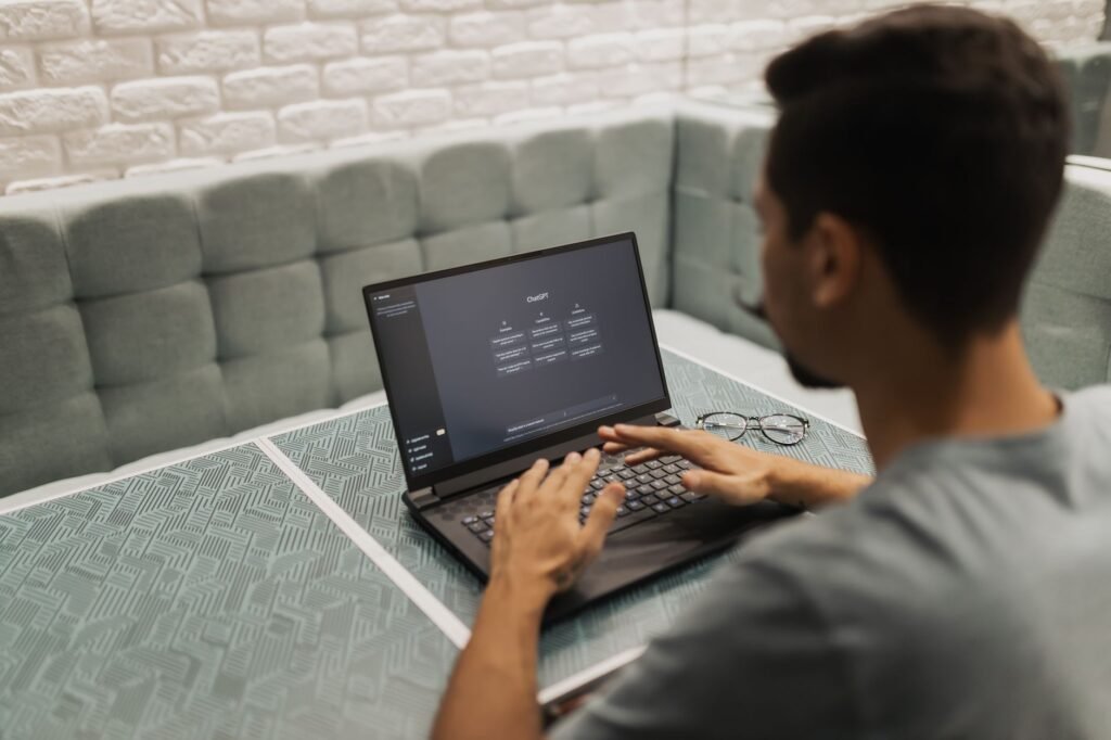 AI blog platforms - AI workspace with laptops professional business image